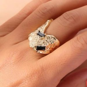 NEW Gold Plated Textured Ring with Black Stones and Crystals